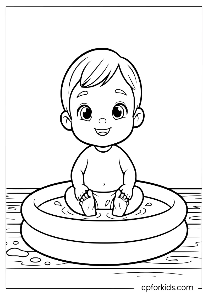 Toddler sitting inside a small inflatable pool on a wooden deck