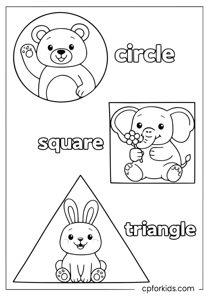 Toddler shapes coloring page with friendly animal characters inside circle square and triangle