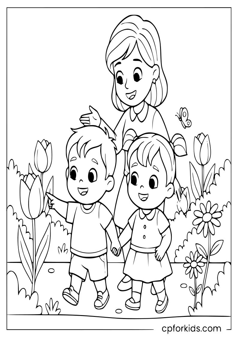 Two toddlers exploring a spring garden with teacher