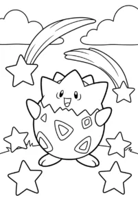 Happy Togepi surrounded by stars to color online