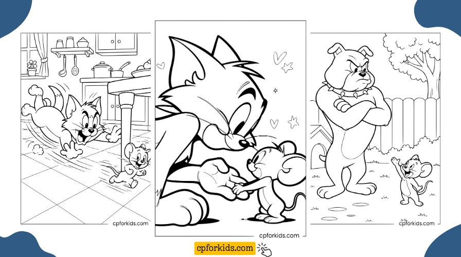 Tom and Jerry coloring pages featuring a kitchen chase, Tom and Jerry face to face, and Spike with Jerry