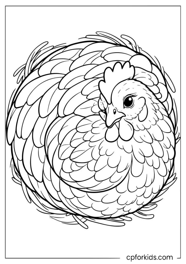 Top down view of a curled hen with layered feather panels coloring page