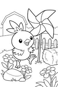 Torchic running toward a pinwheel beside a farm fence