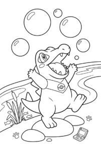 Totodile reaching for bubbles beside a rocky riverbank