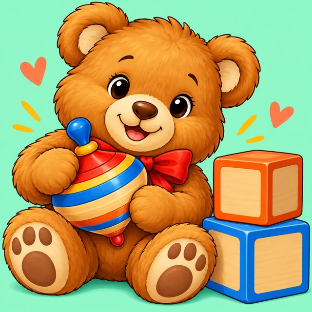 Teddy bear holding a spinning top beside building blocks