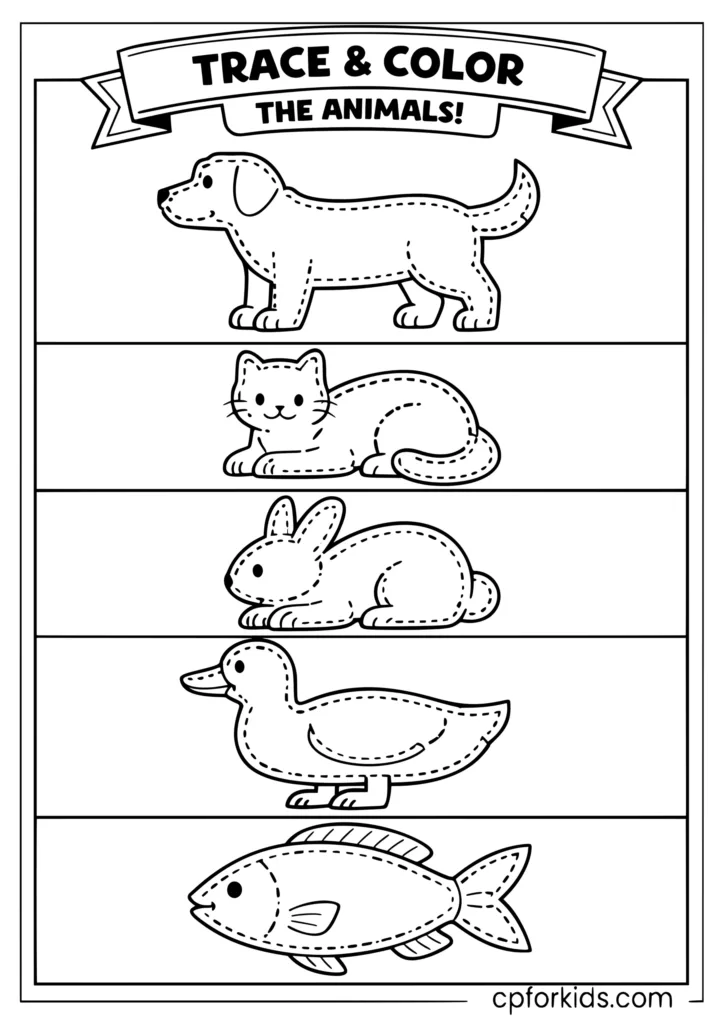 Trace and color animals worksheet with dotted animal outlines for kids