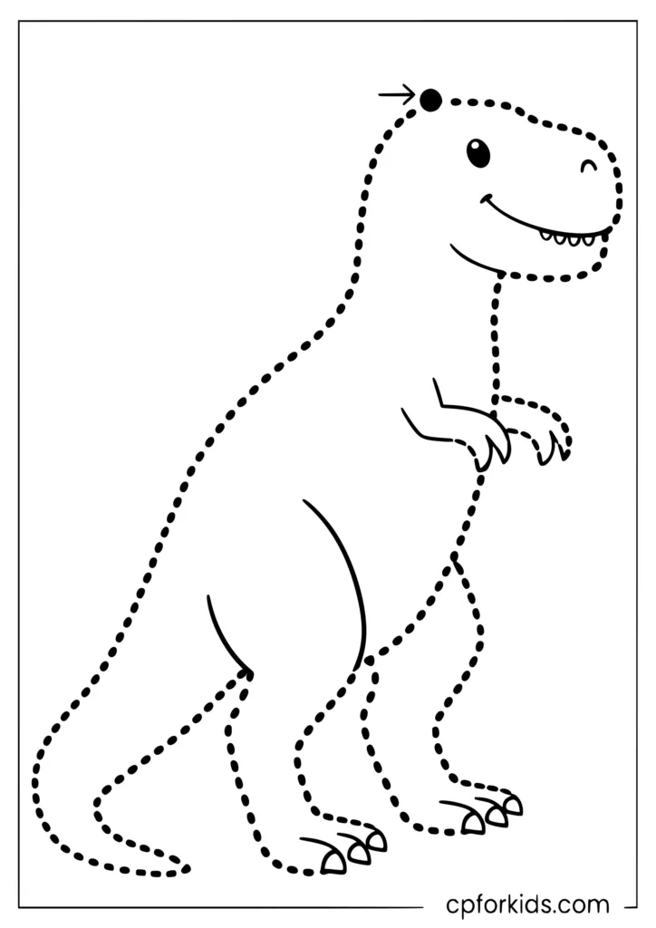 Trace and color dinosaur page with large dotted T-Rex outline for kids