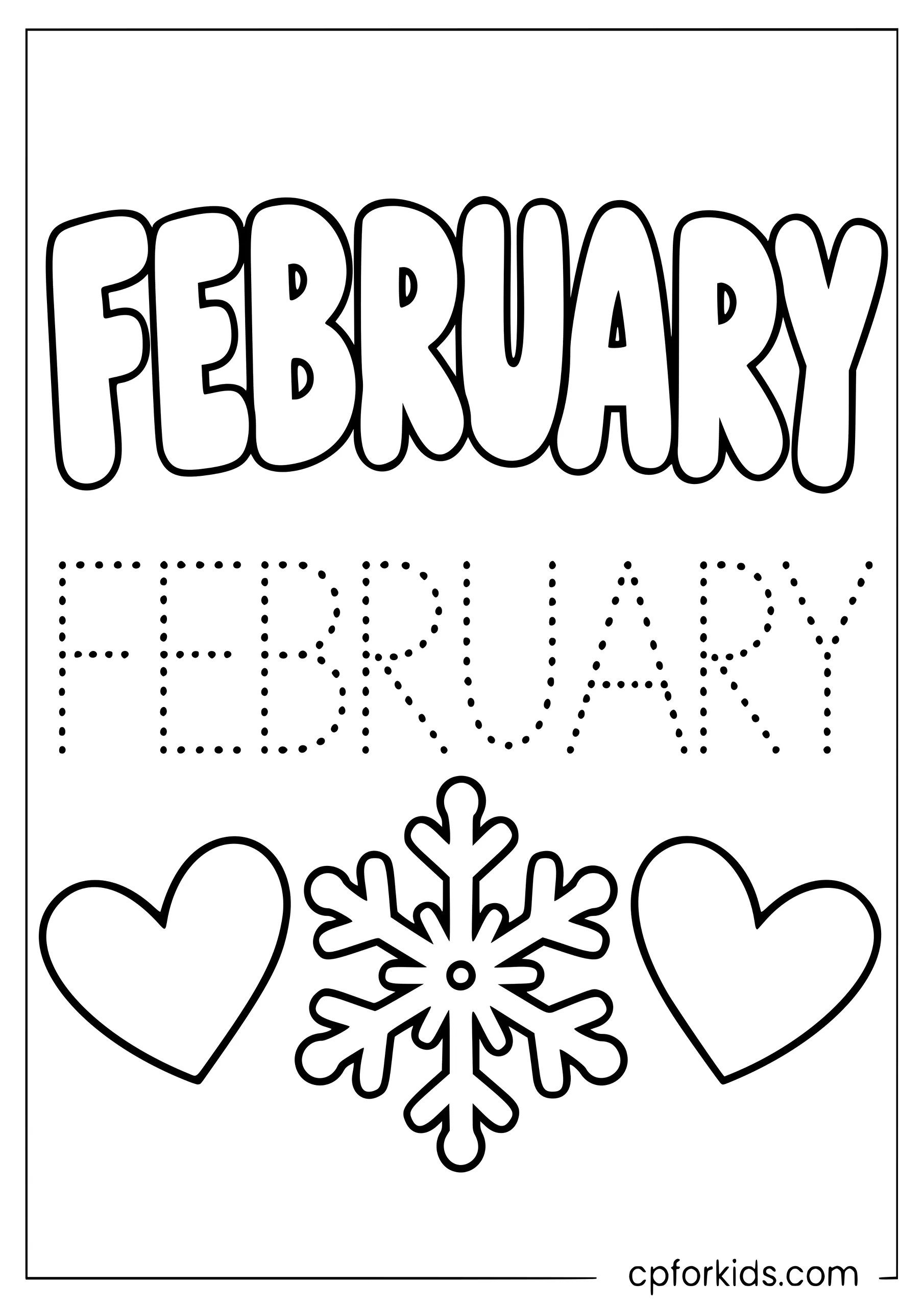 February tracing worksheet with hearts and snowflakes