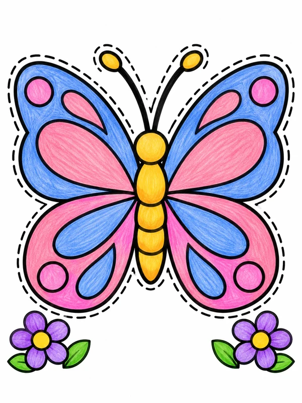 Blue and pink butterfly with dashed outline and flowers
