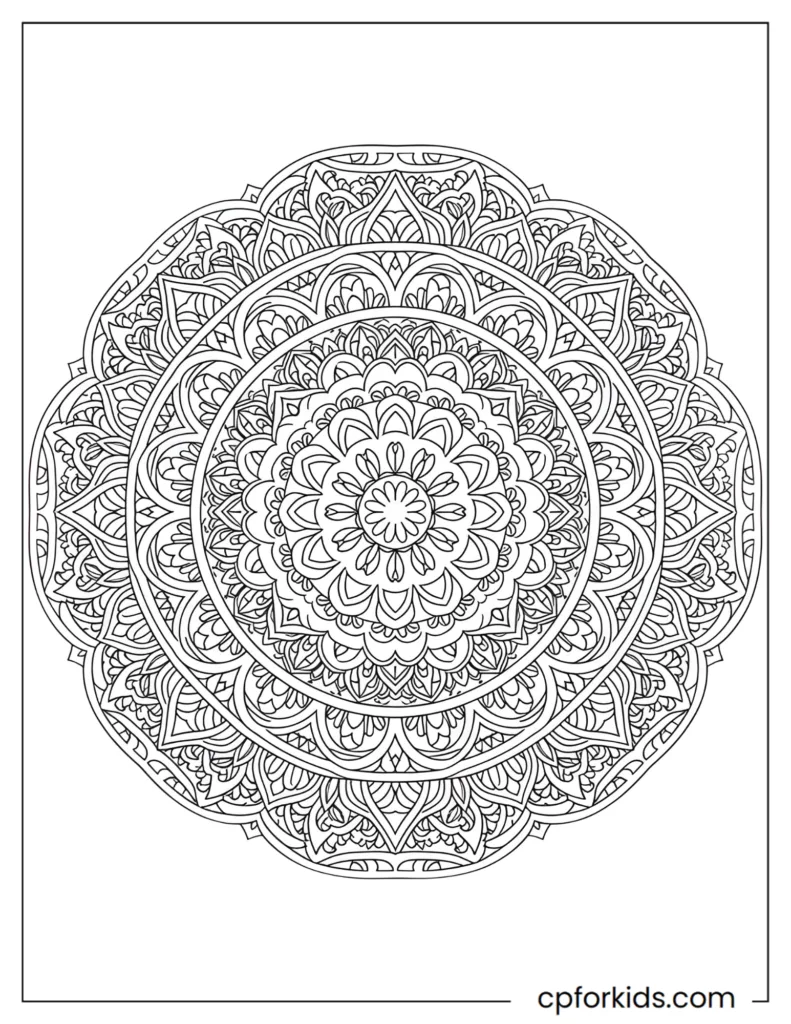 Traditional Mandala Coloring Pages Traditional spiritual mandala coloring page with intricate circular patterns for mindfulness.
