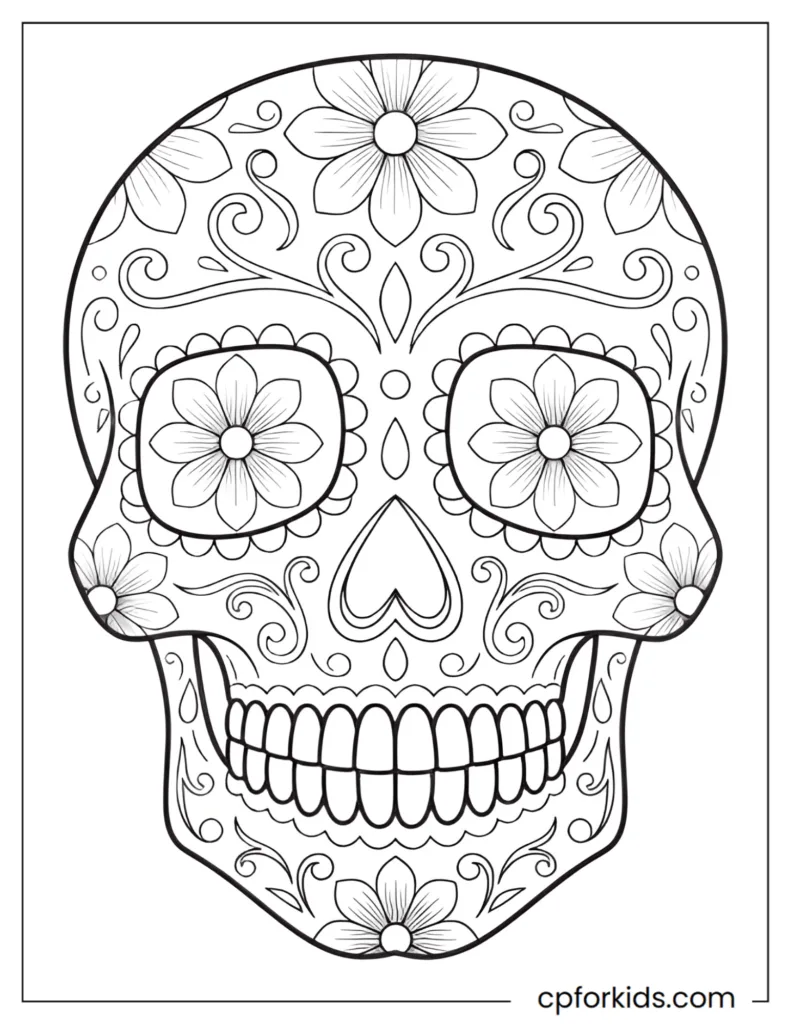 Traditional Sugar Skull Coloring Pages Traditional Mexican sugar skull coloring page with symmetrical folk art patterns and decorative floral details in black line art.