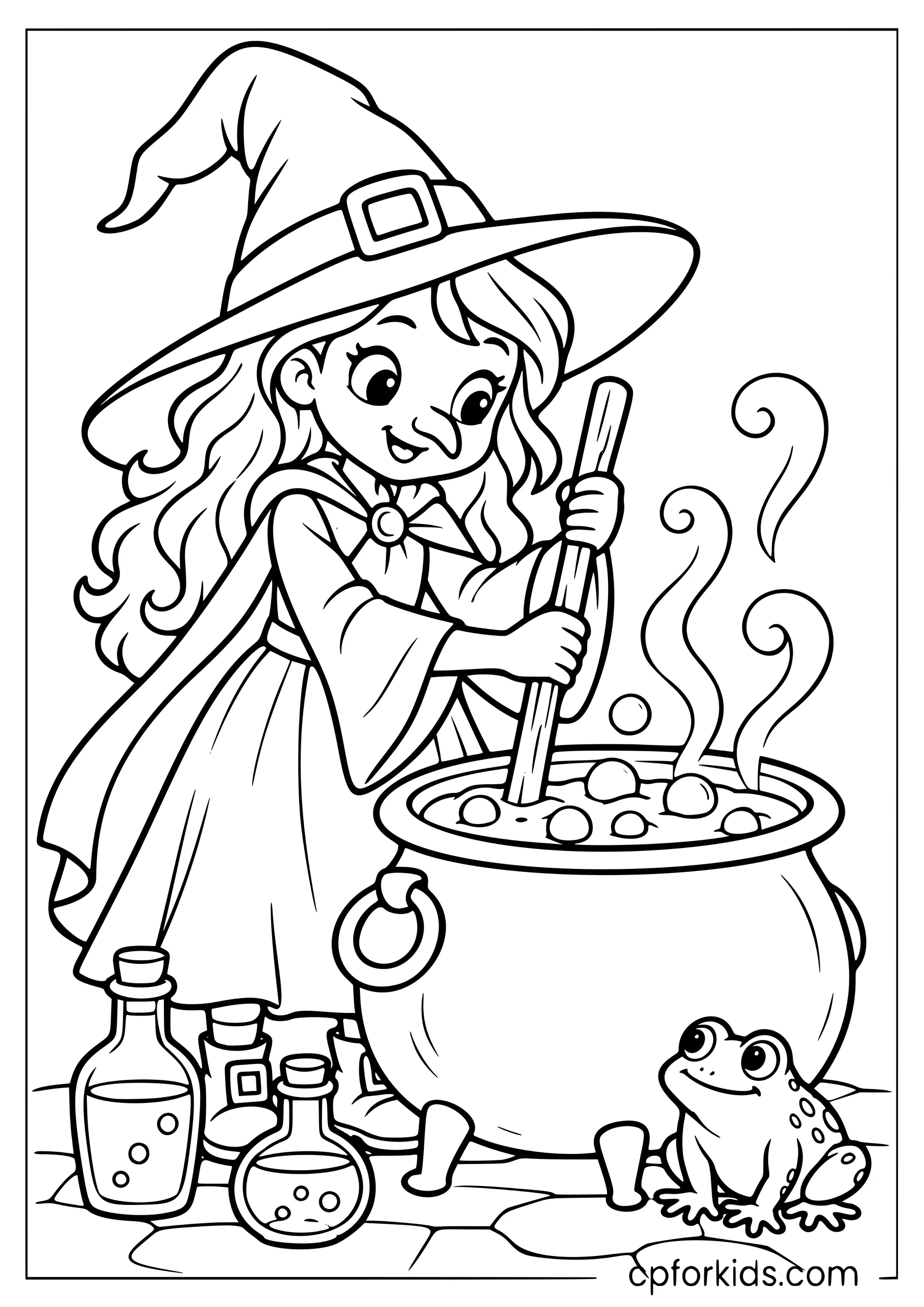 Witch stirring a bubbling potion inside large cauldron