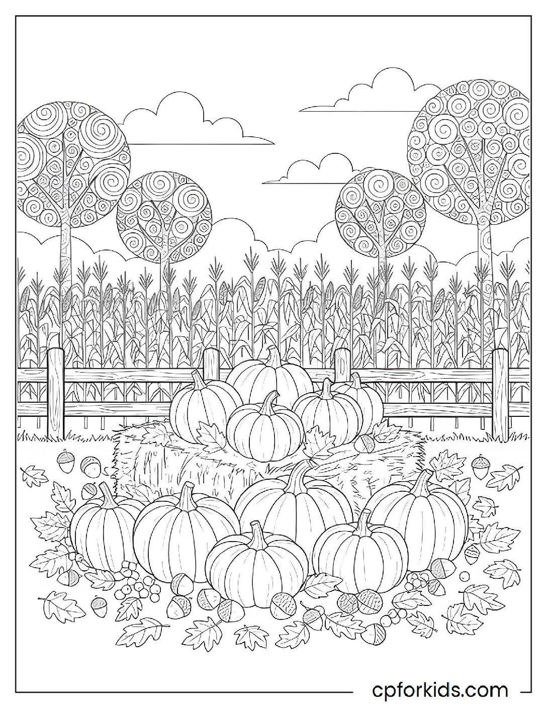 Autumn scene with pumpkins and hay bales