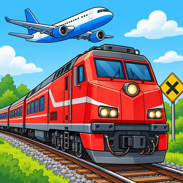 Red passenger train beneath a blue and white airplane