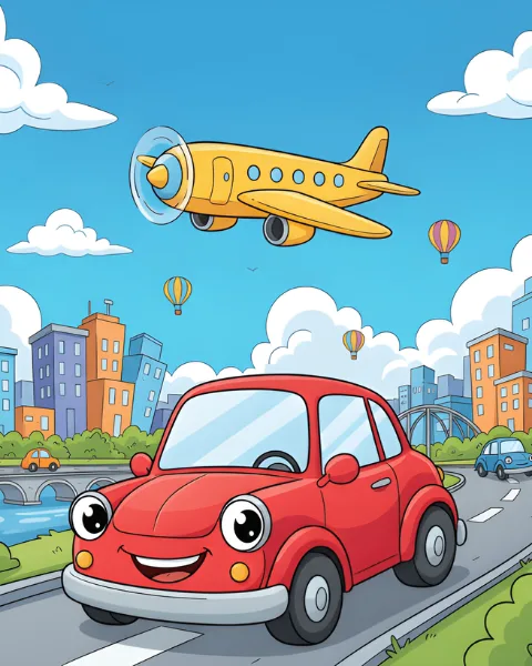 Transportation Coloring Pages Transportation coloring pages featuring cars, airplanes, trains, and ships drawn in a kid-friendly vertical layout.