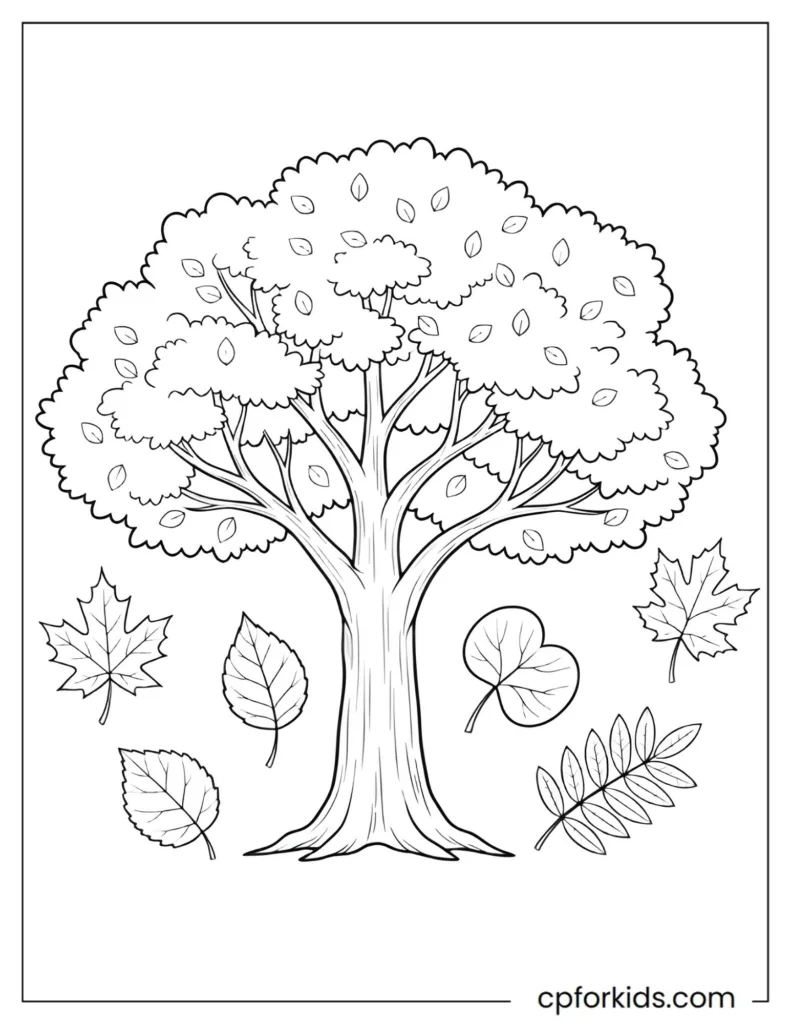 Tree and leaf identification coloring page featuring different leaf shapes and a detailed tree outline.