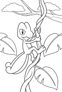 Treecko climbing a giant vine surrounded by tropical leaves