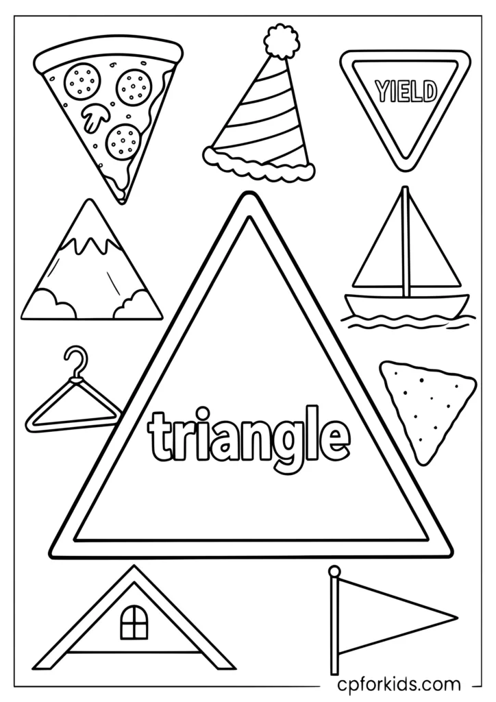 Triangle shape coloring page with large triangle and mini triangle objects all around for kids