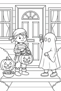 Two kids trick-or-treating at a front door