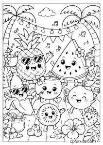 Cute tropical fruits having a summer party