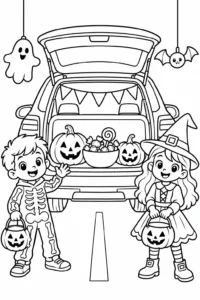 Kids collecting Halloween candy from a decorated car trunk
