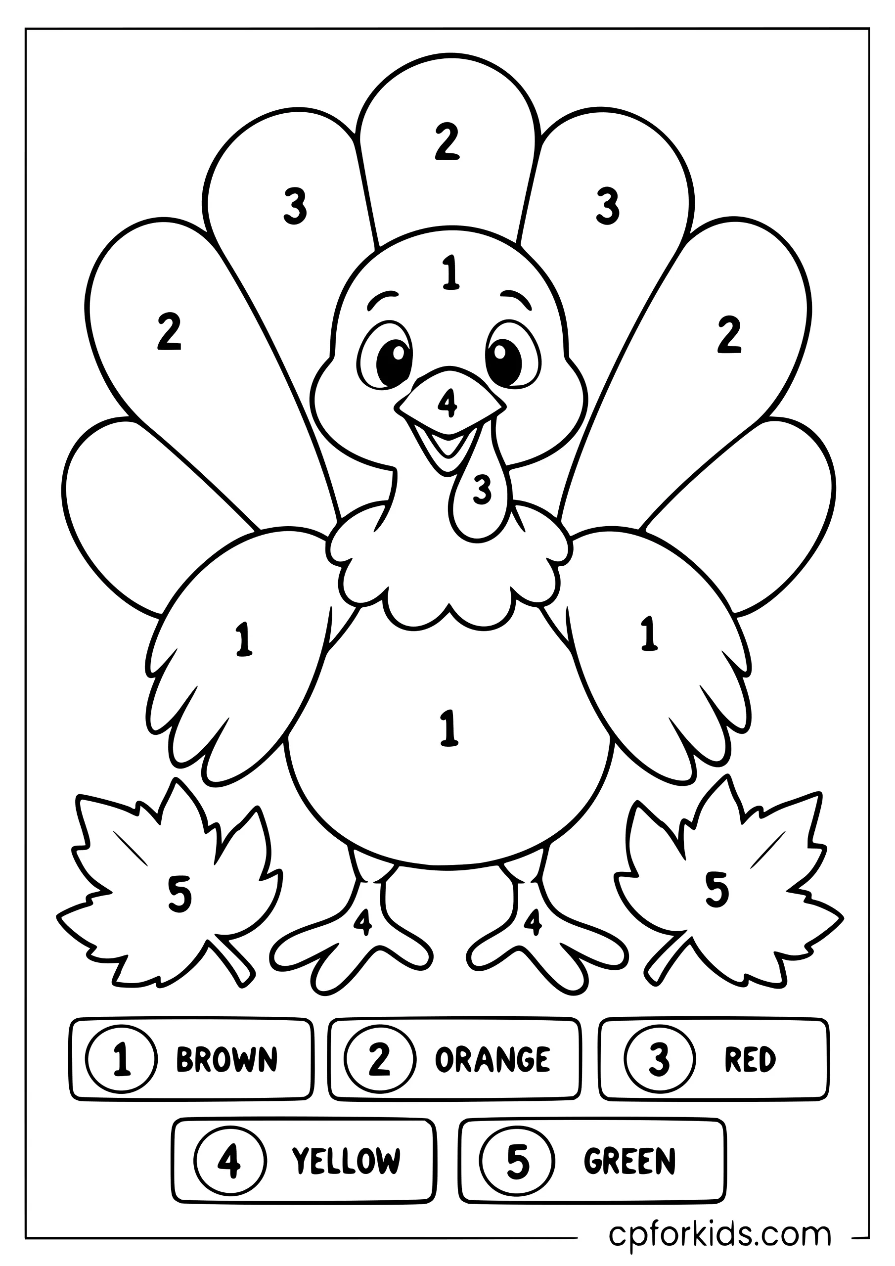 Numbered turkey and autumn leaves above a five-color key