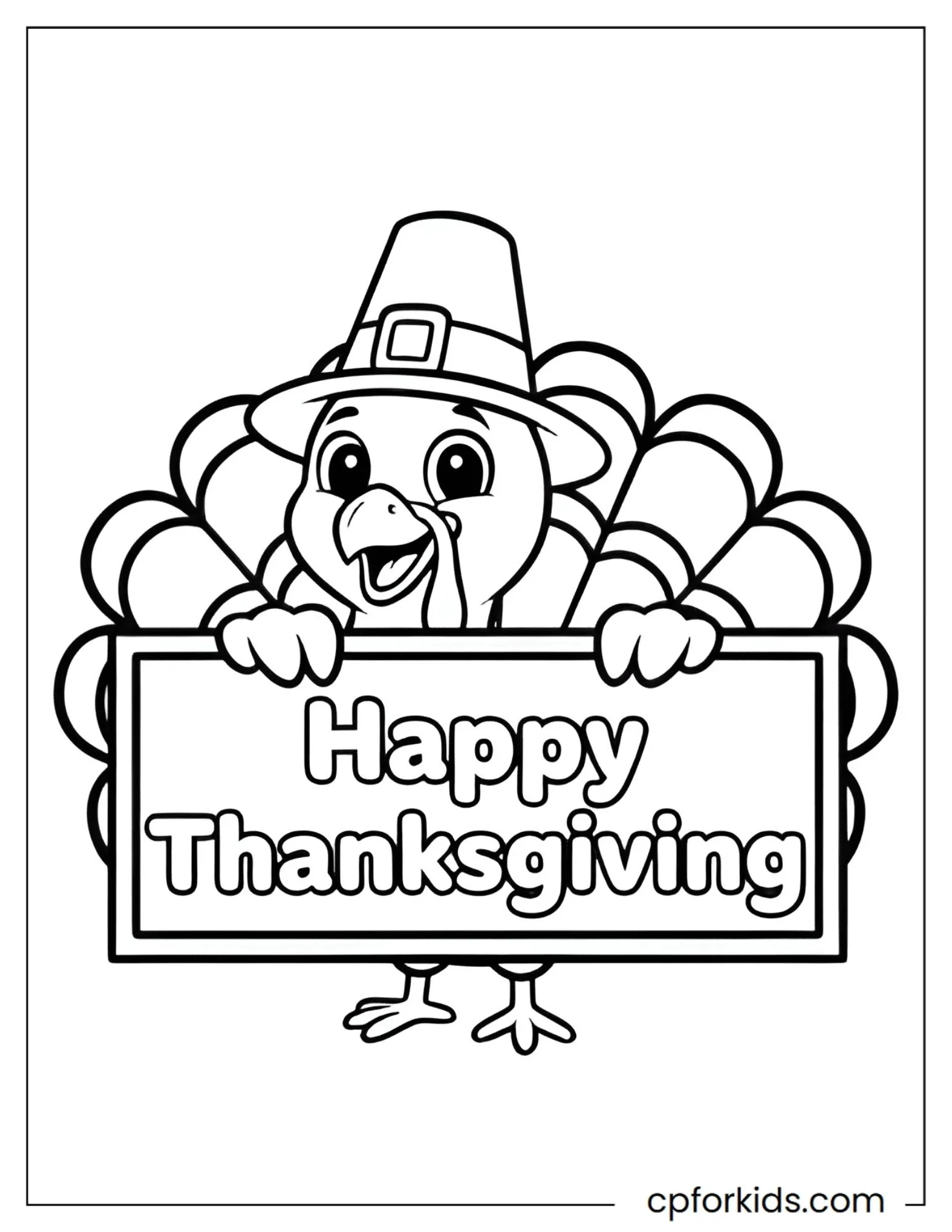 Pilgrim hat turkey holding a large Happy Thanksgiving sign