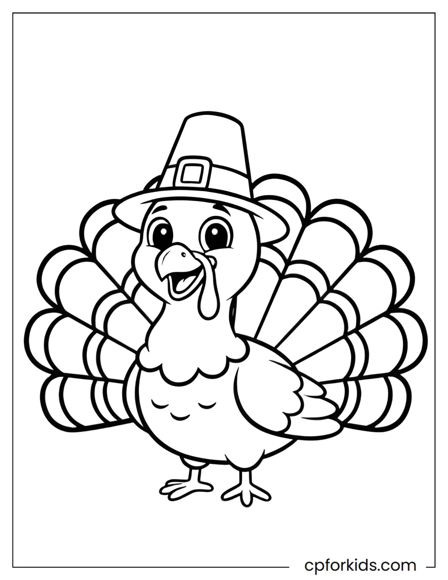 Smiling turkey wearing a pilgrim hat with a buckle