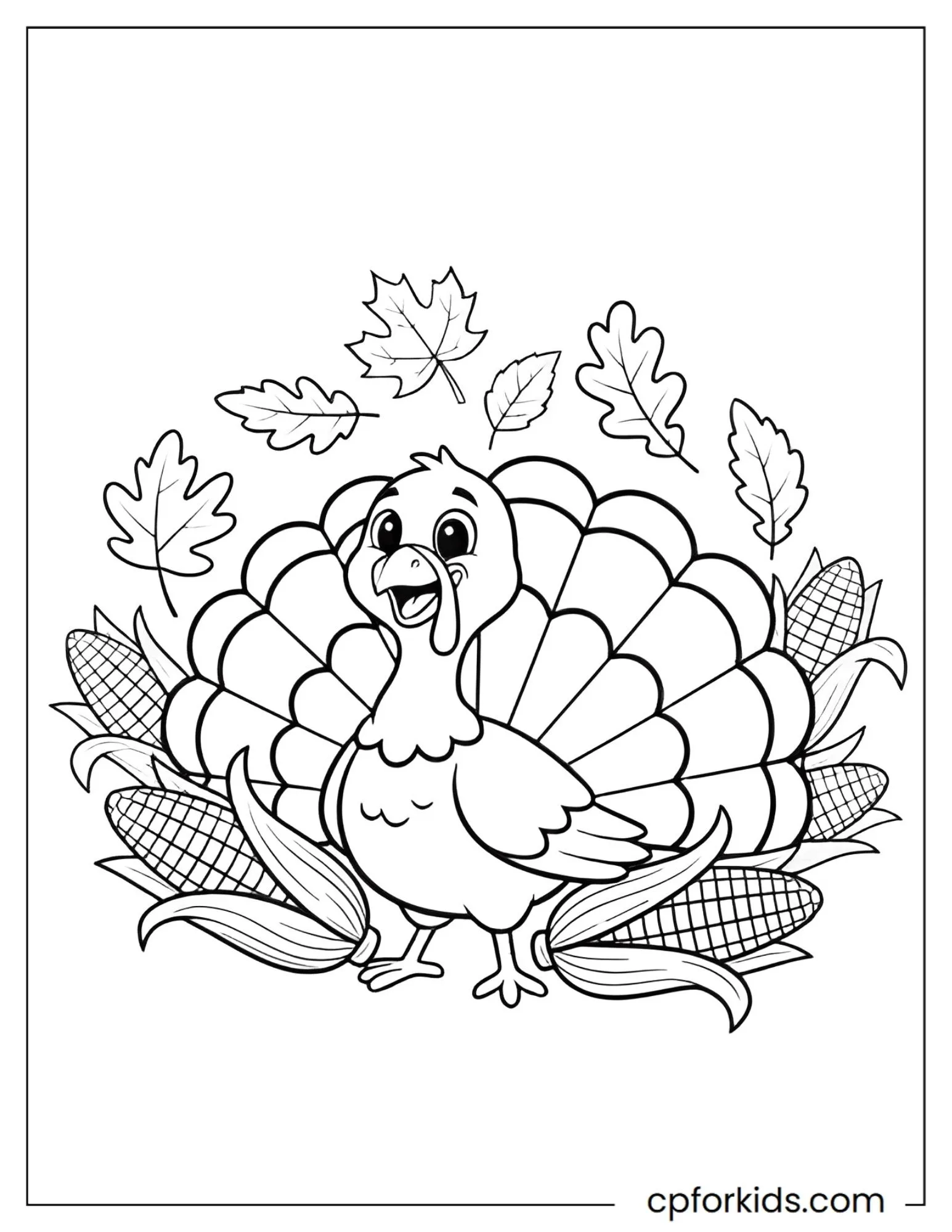 Turkey surrounded by corn cobs, acorns and autumn leaves