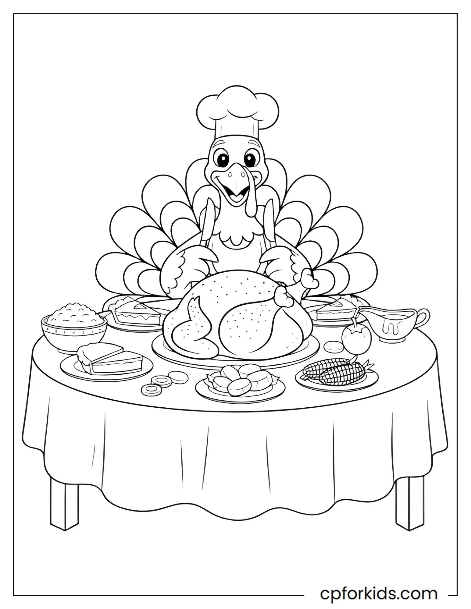 Turkey chef behind a table with roast turkey and pies