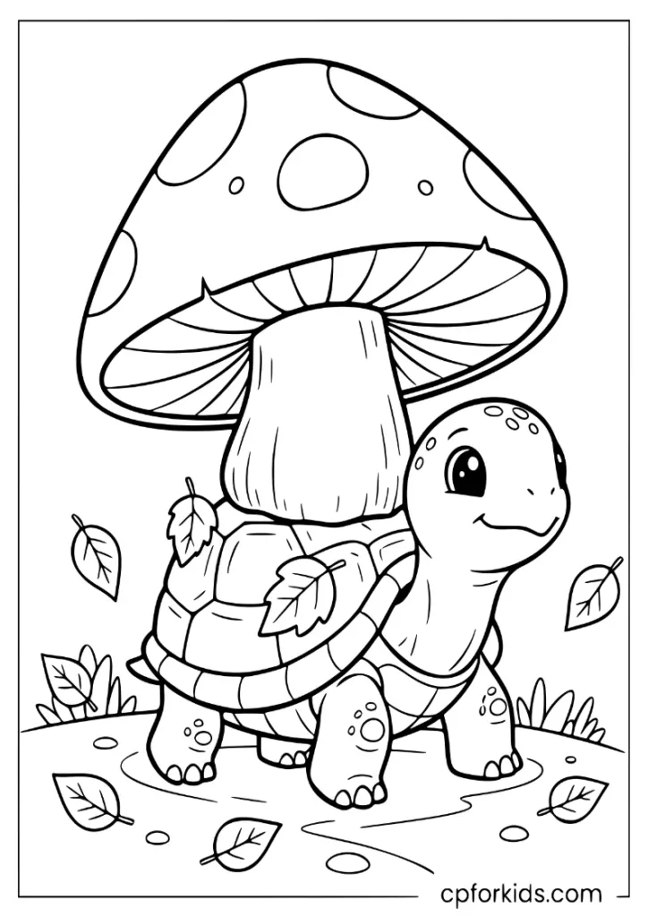 Turtle with a mushroom house on its back, November forest coloring page.