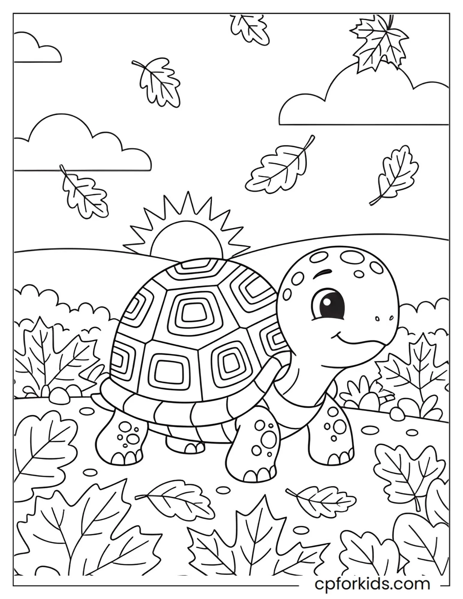 Turtle walking through a thick pile of fallen leaves
