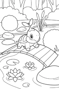 Turtwig walking across a small bridge in a garden