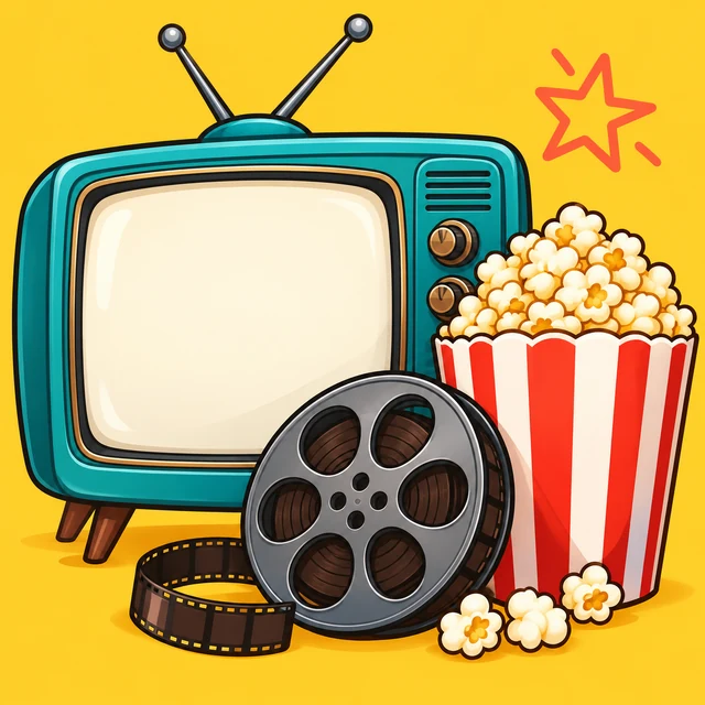 Teal television beside popcorn and a film reel
