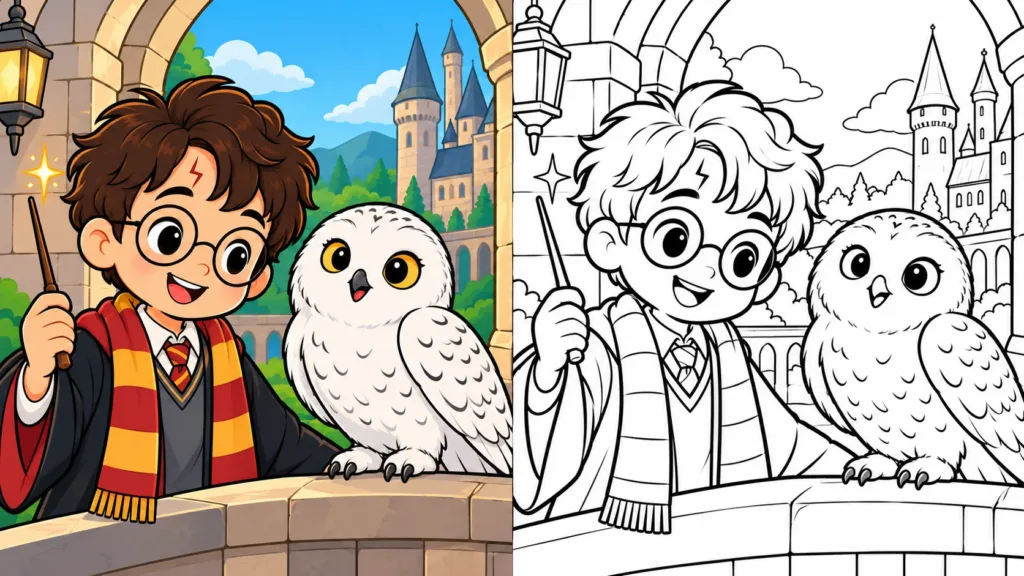 Harry Potter and an owl shown colored and as outlines