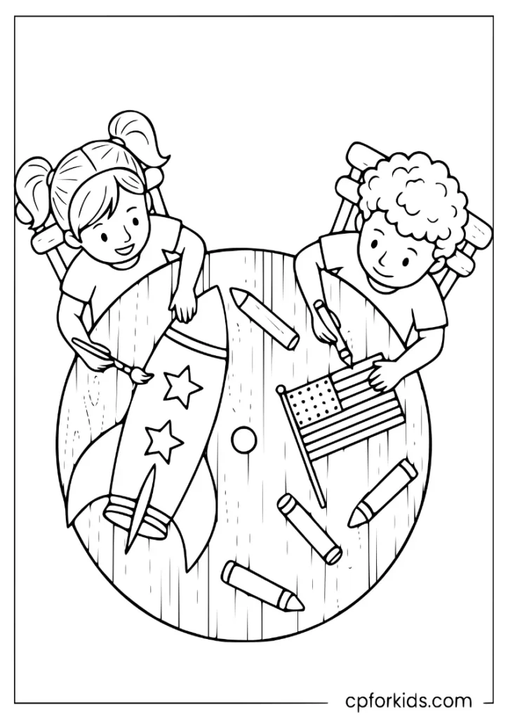 Two children coloring small flags and paper rockets at a garden table