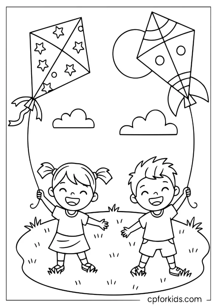 Two children flying paper kites on a lawn