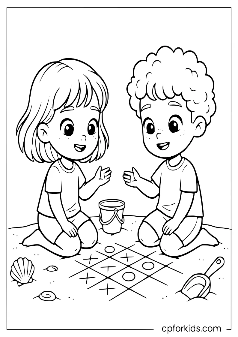 Two children playing tic-tac-toe drawn in the sand