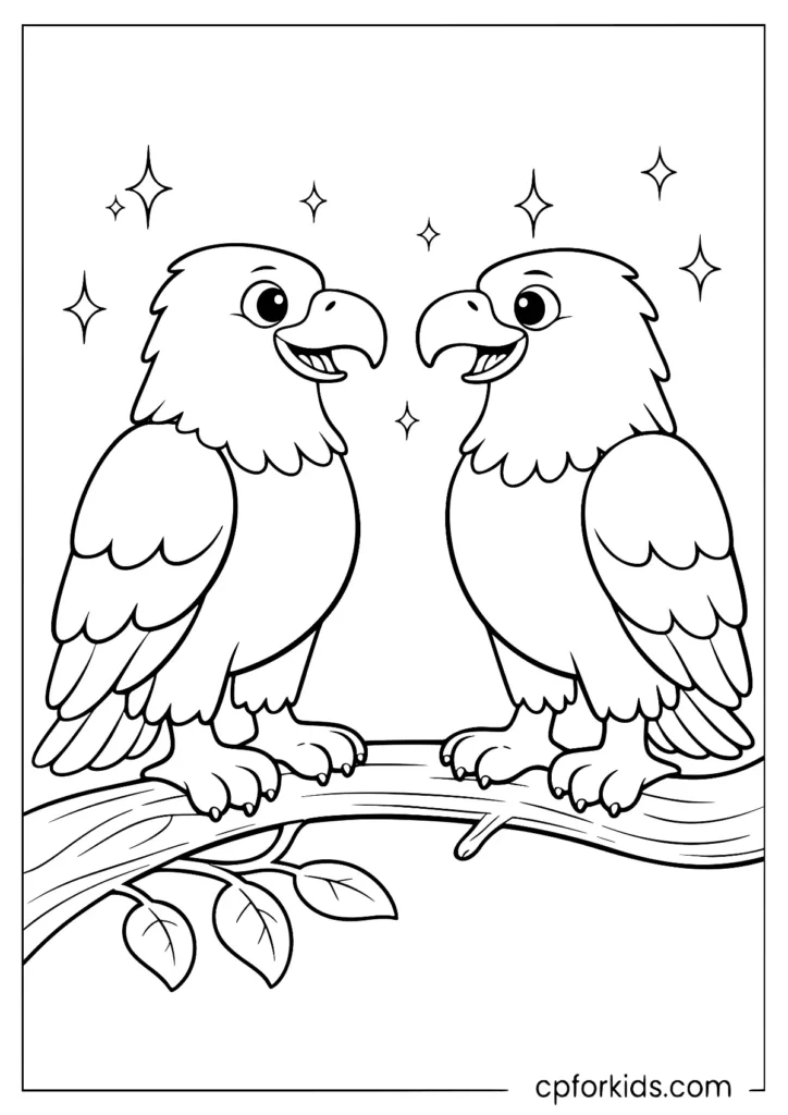 Two cute cartoon eagles talking to each other coloring page