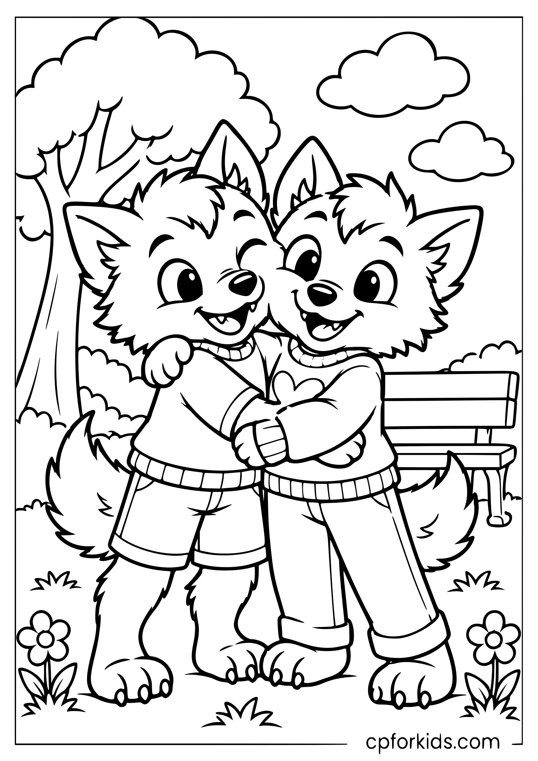 Two werewolf friends hugging beside a park bench