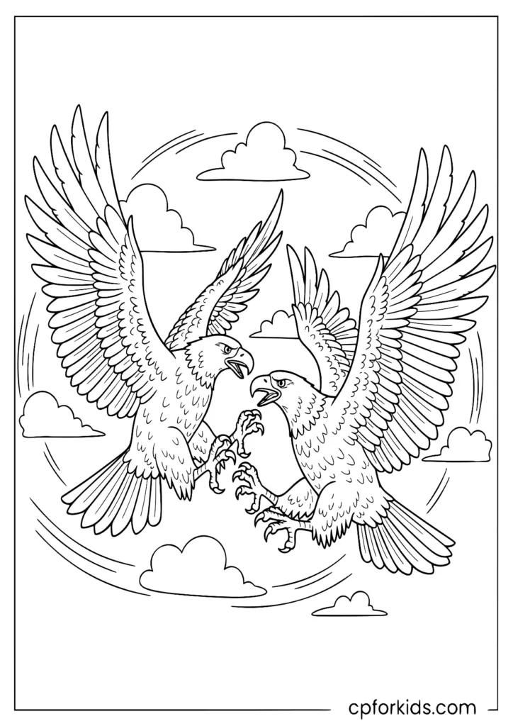 Two eagles fighting in the sky coloring page with dynamic motion