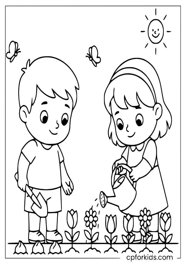 Two kids planting colorful May flowers