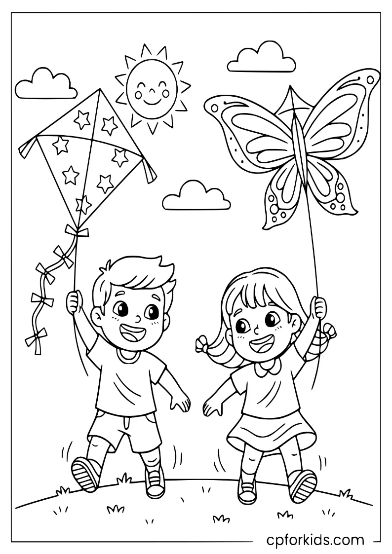 Two kids holding kites under a May sky