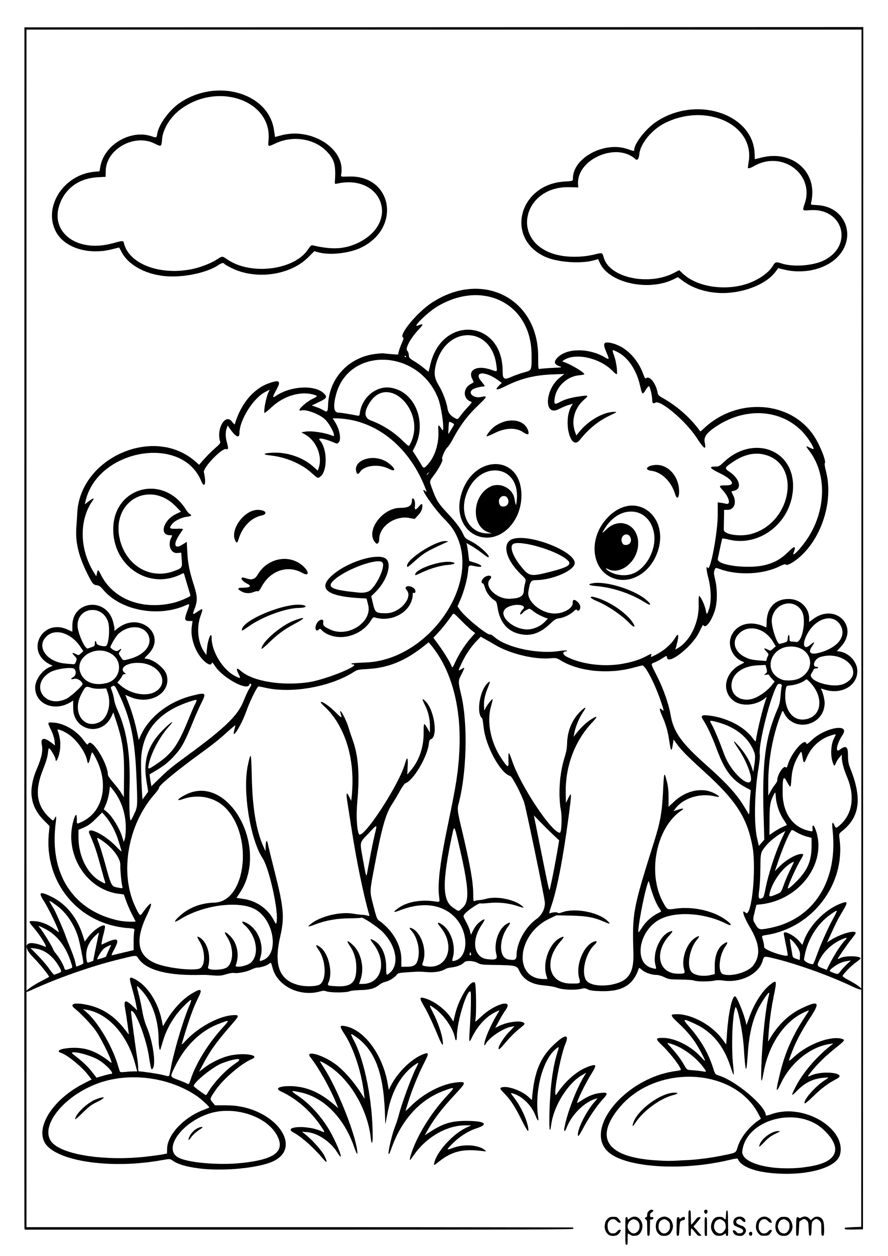 Two lion cubs sitting together with heads touching