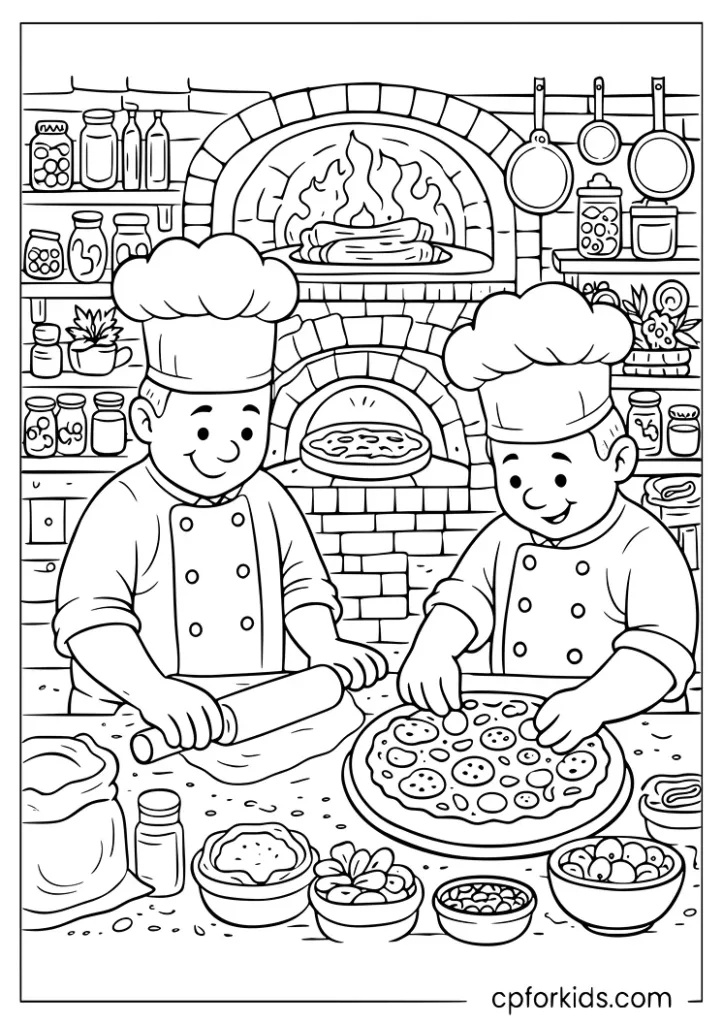 Two pizza chefs making pizza together in a busy kitchen coloring page