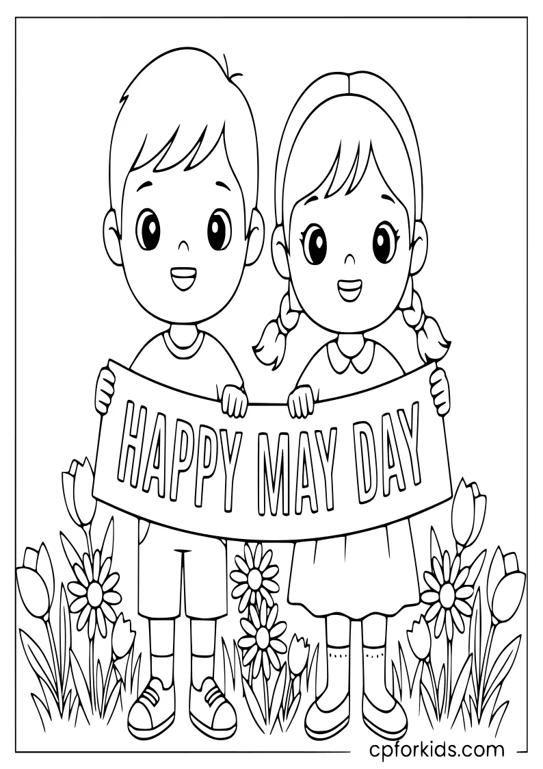 Two siblings holding a Happy May Day banner