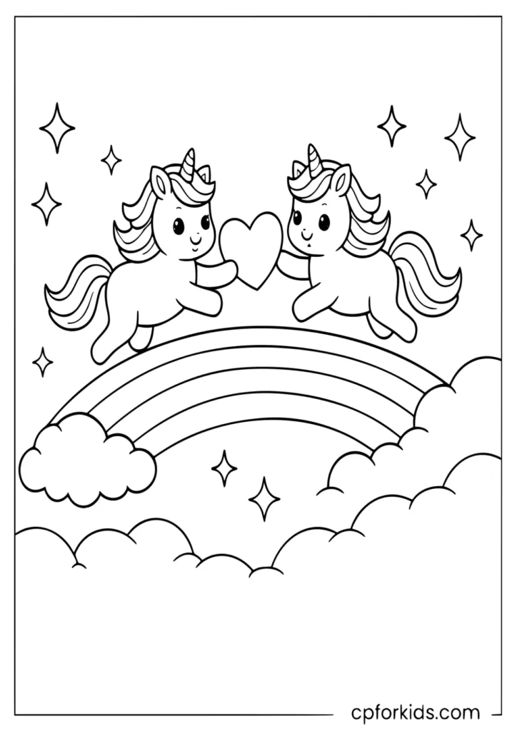 Two tiny unicorns running on rainbow with hearts coloring page