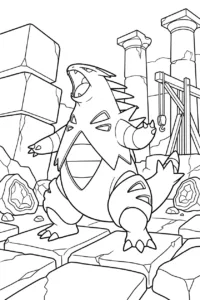 Tyranitar roaring among giant stone blocks in an old quarry