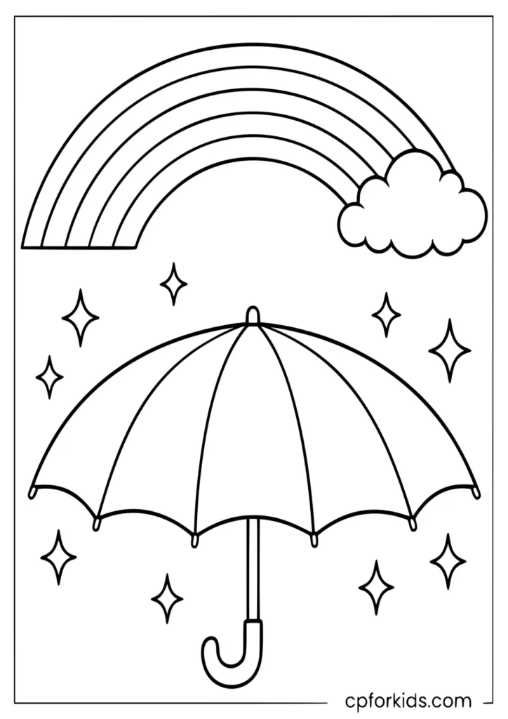 Umbrella under rainbow with sparkles coloring page