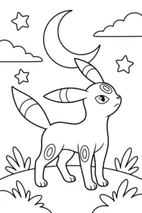 Umbreon standing under a crescent moon to color online